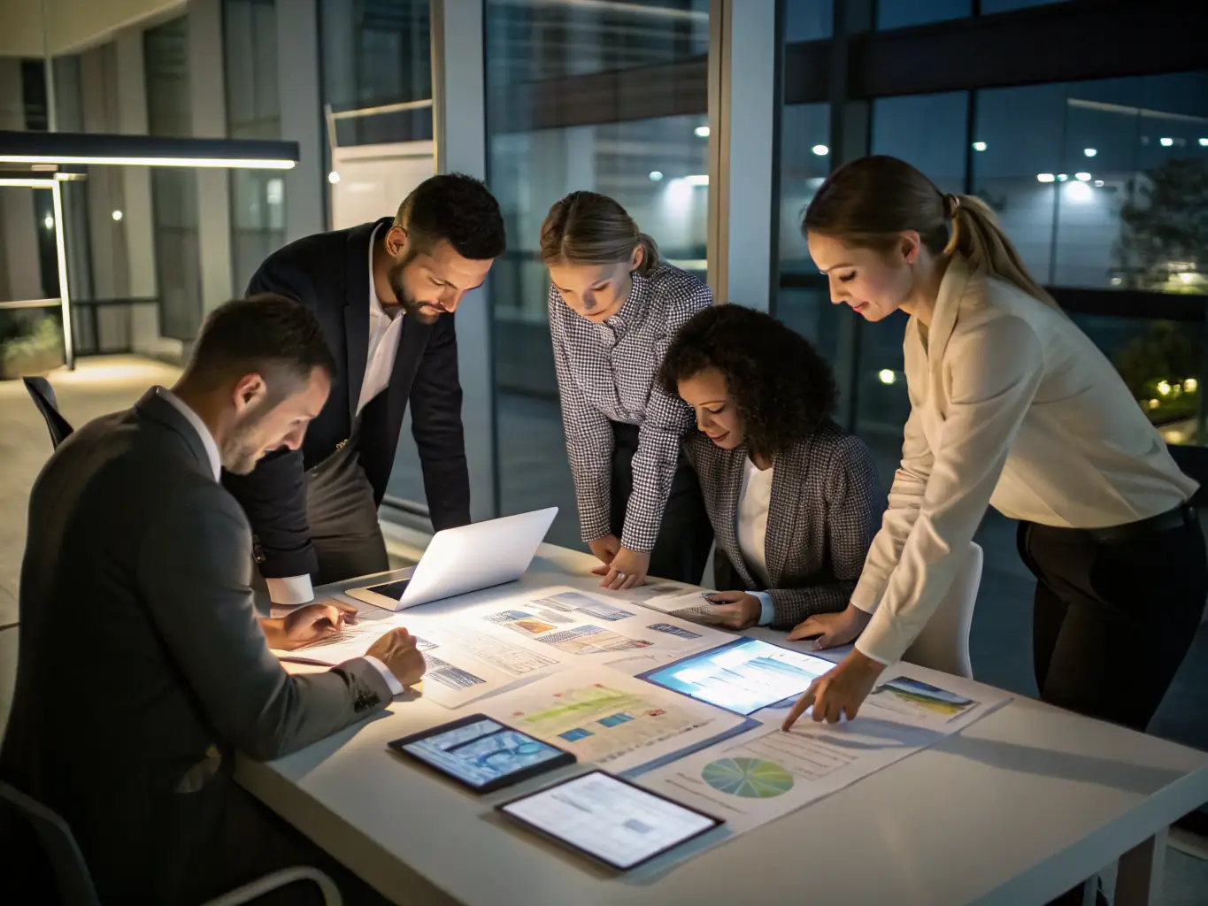 A vibrant image showcasing a team of SOCIAL JAGUAR marketing experts collaborating on a social media strategy, with charts and data visualizations in the background.