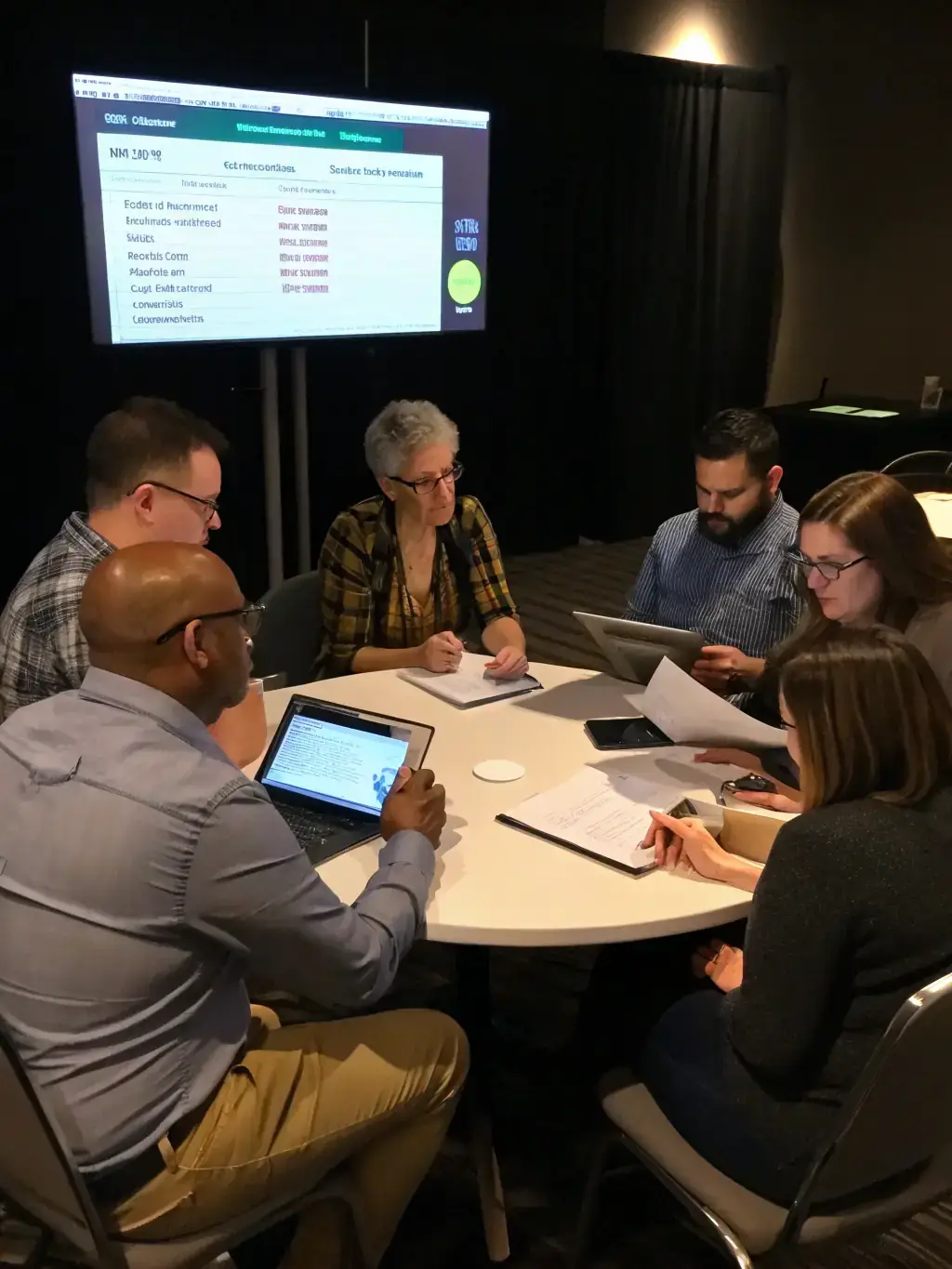 A diverse group of people participating in a focus group discussion, led by a moderator, in a modern, well-lit room. The atmosphere is engaging and collaborative, with participants actively sharing their opinions and insights.