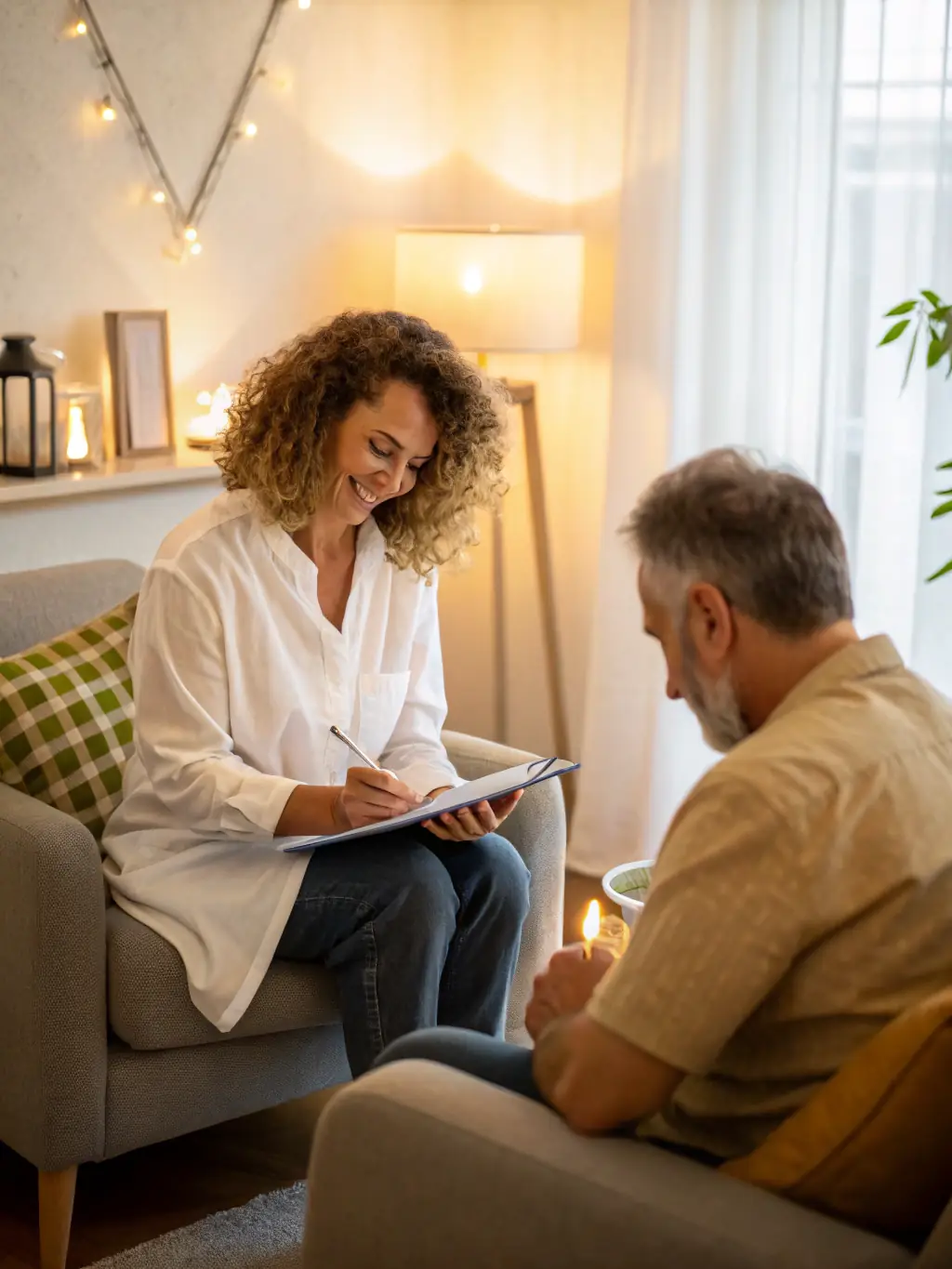 A researcher conducting an in-depth interview with a participant in a comfortable setting. The participant is relaxed and engaged, sharing detailed personal experiences and opinions.
