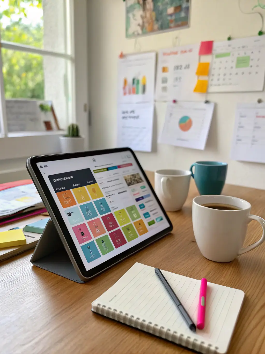 A close-up shot of a hand scheduling social media posts on a tablet, surrounded by coffee and a notebook, in a bright, modern office setting. This image represents the daily posting and scheduling aspect of social media management.