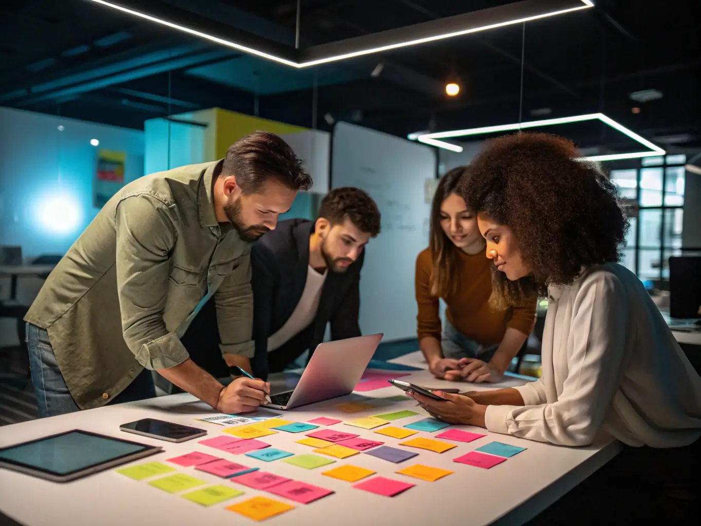 A visually appealing image representing social media strategy and planning, such as a team brainstorming around a whiteboard filled with social media analytics and campaign ideas.